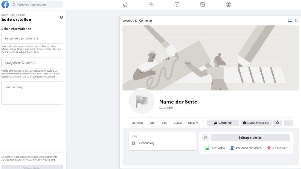 Screenshot von Facebook: wie erstelle ich eine Seite?