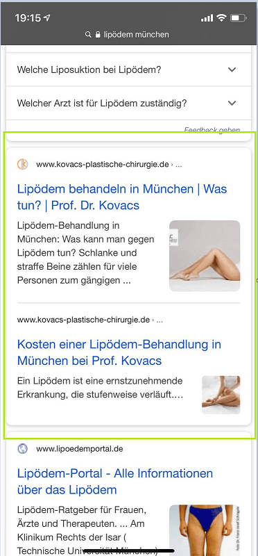 Screenshot zur mobile Suche "Lpödem München"