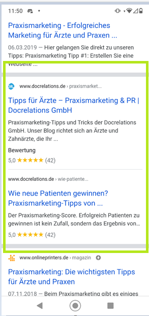 Screenshot zur mobile Suche "Praxismarketing Tipps"