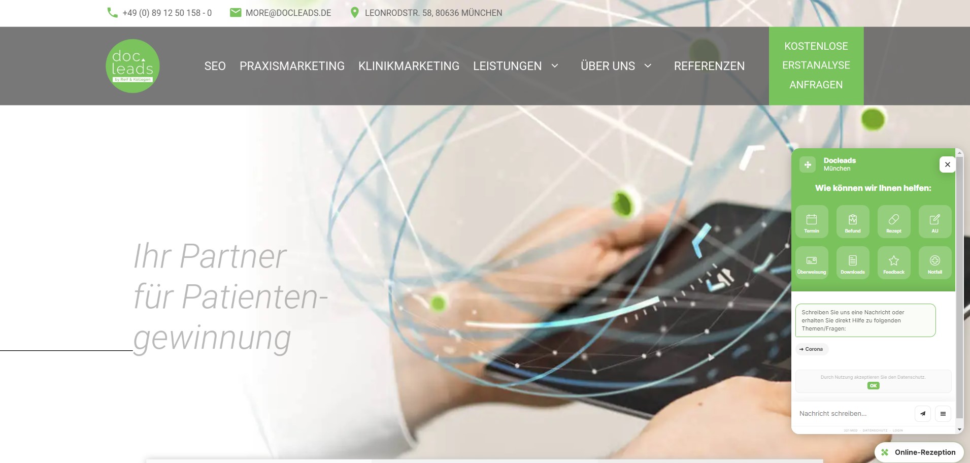 Chat-Fenster (unten rechts) aus Sicht der Patient:innen.